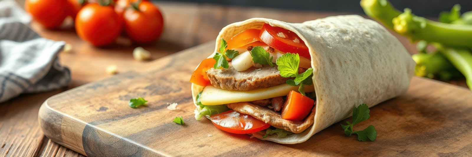Freshly wrapped pita with vegetables and meat on a wooden cutting board in a rustic kitchen setting